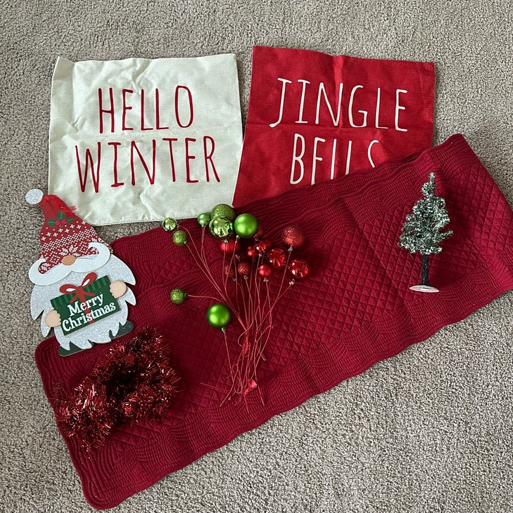 Christmas Decor Bundle-2 Pillowcases, Table Runner, Random Decor